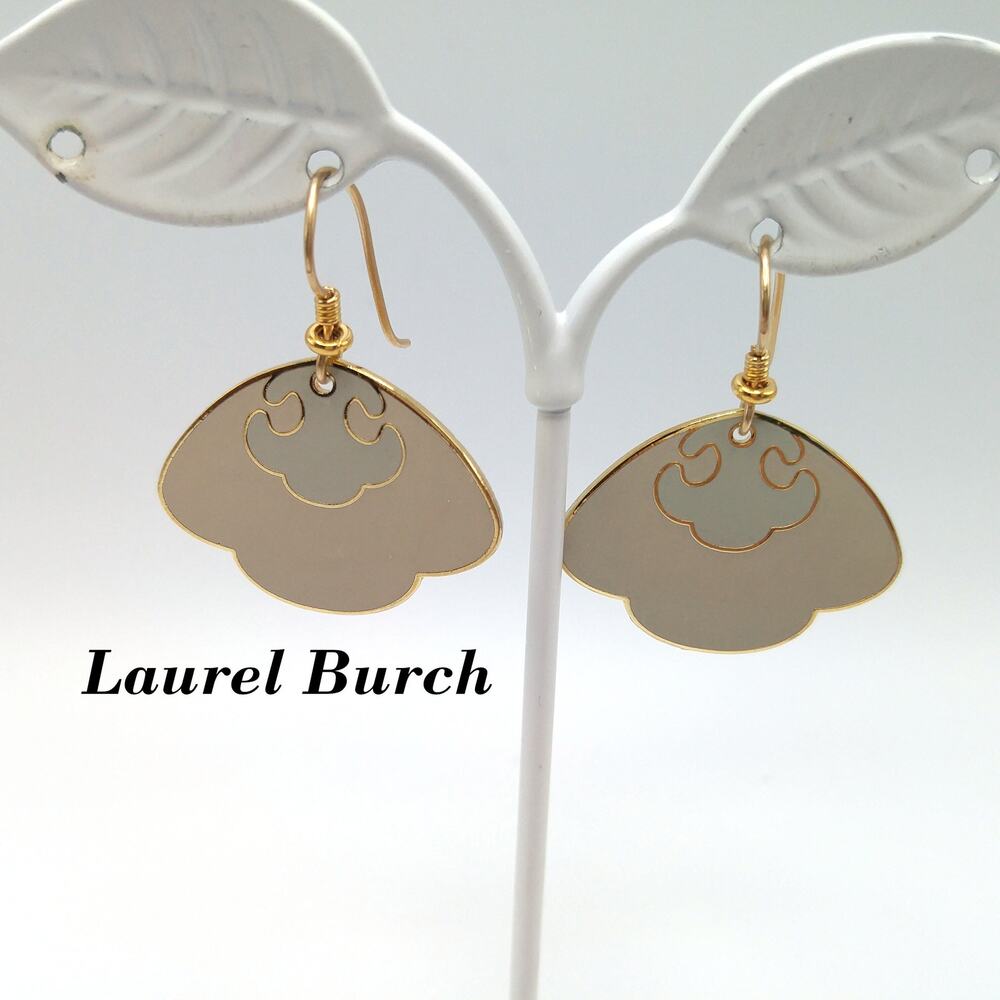 Vintage Laurel Burch Beige Enamel Drop Earrings, Gold Plated